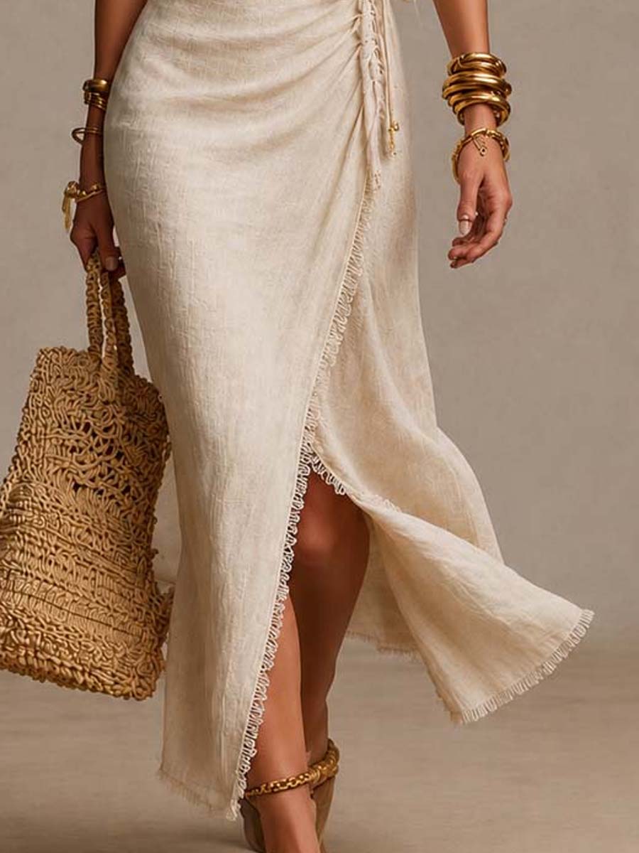 Isabella | Beige Linen-Blend Wrap Maxi Dress with Lace