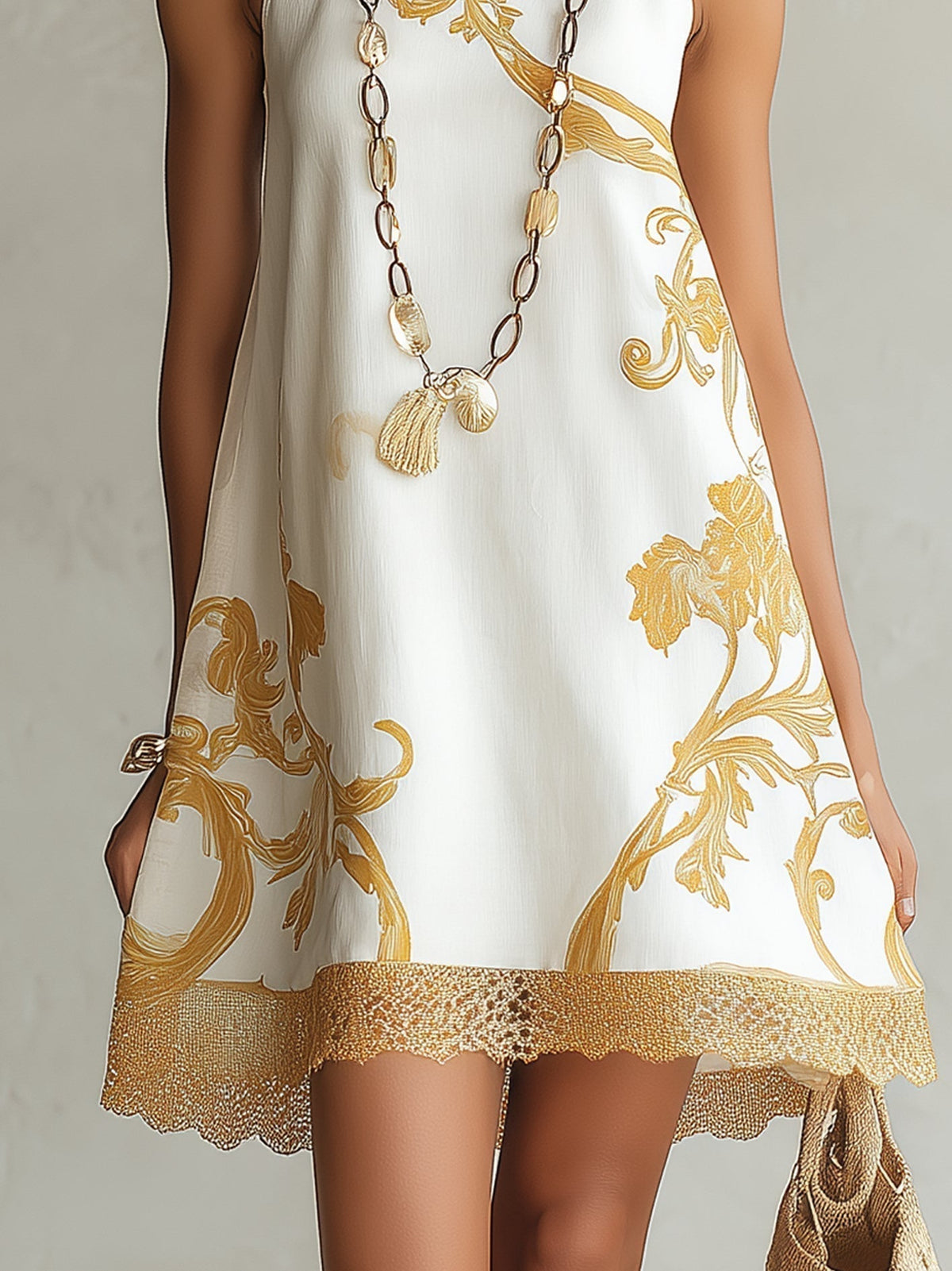 Héloïse | White Lace Mini Dress with Gold Floral Print
