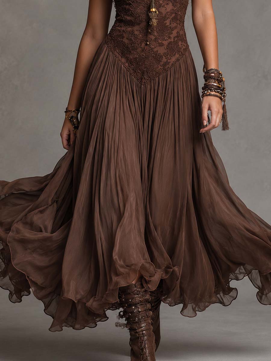 Federica | Brown Lace & Chiffon Maxi Dress