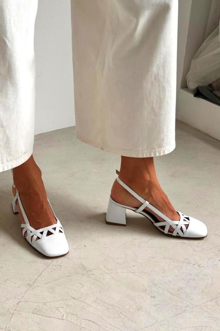 White Square-Toe Cut-Out Slingback Block Heels