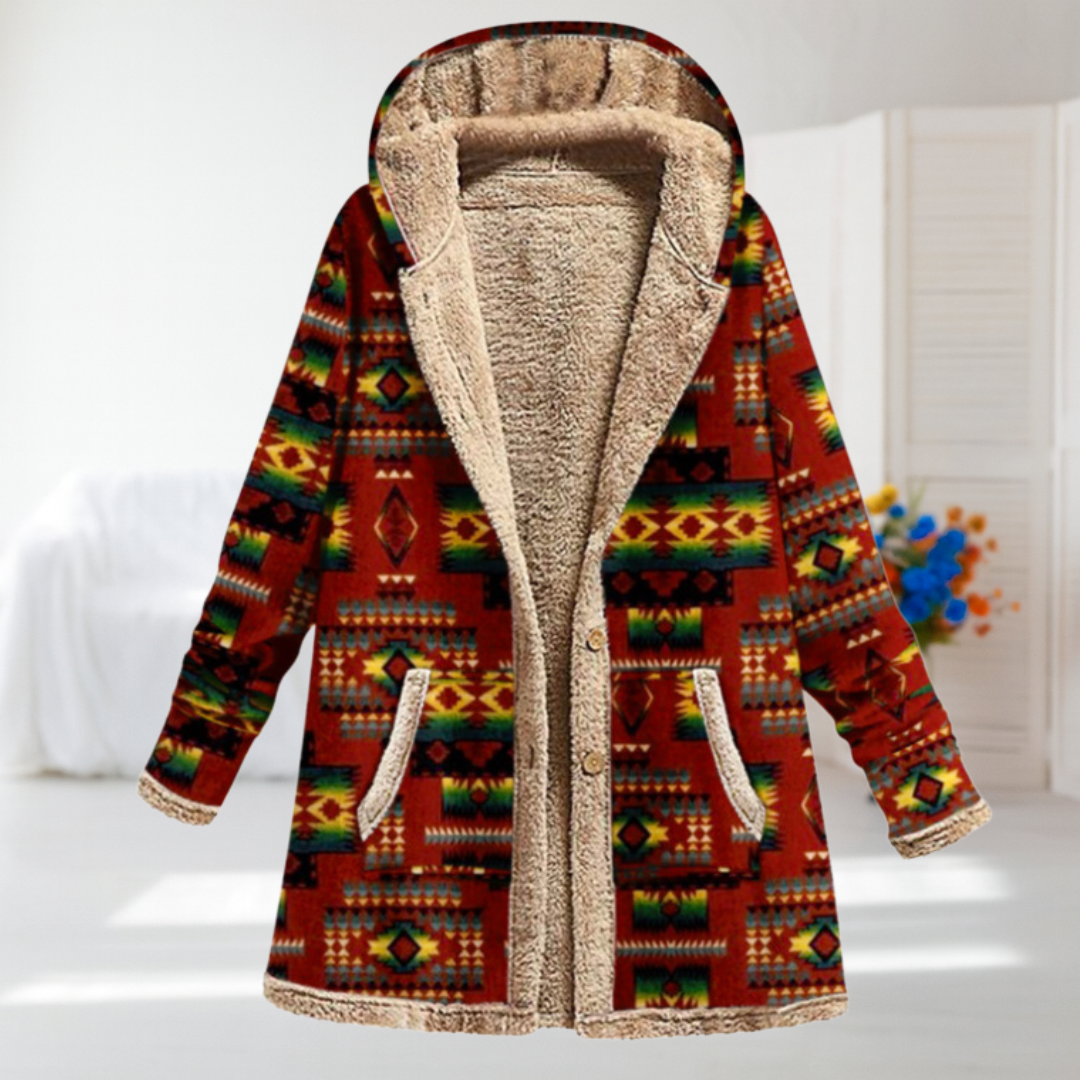 Evie hooded Aztec-print coat in red with yellow and green motifs, front view
