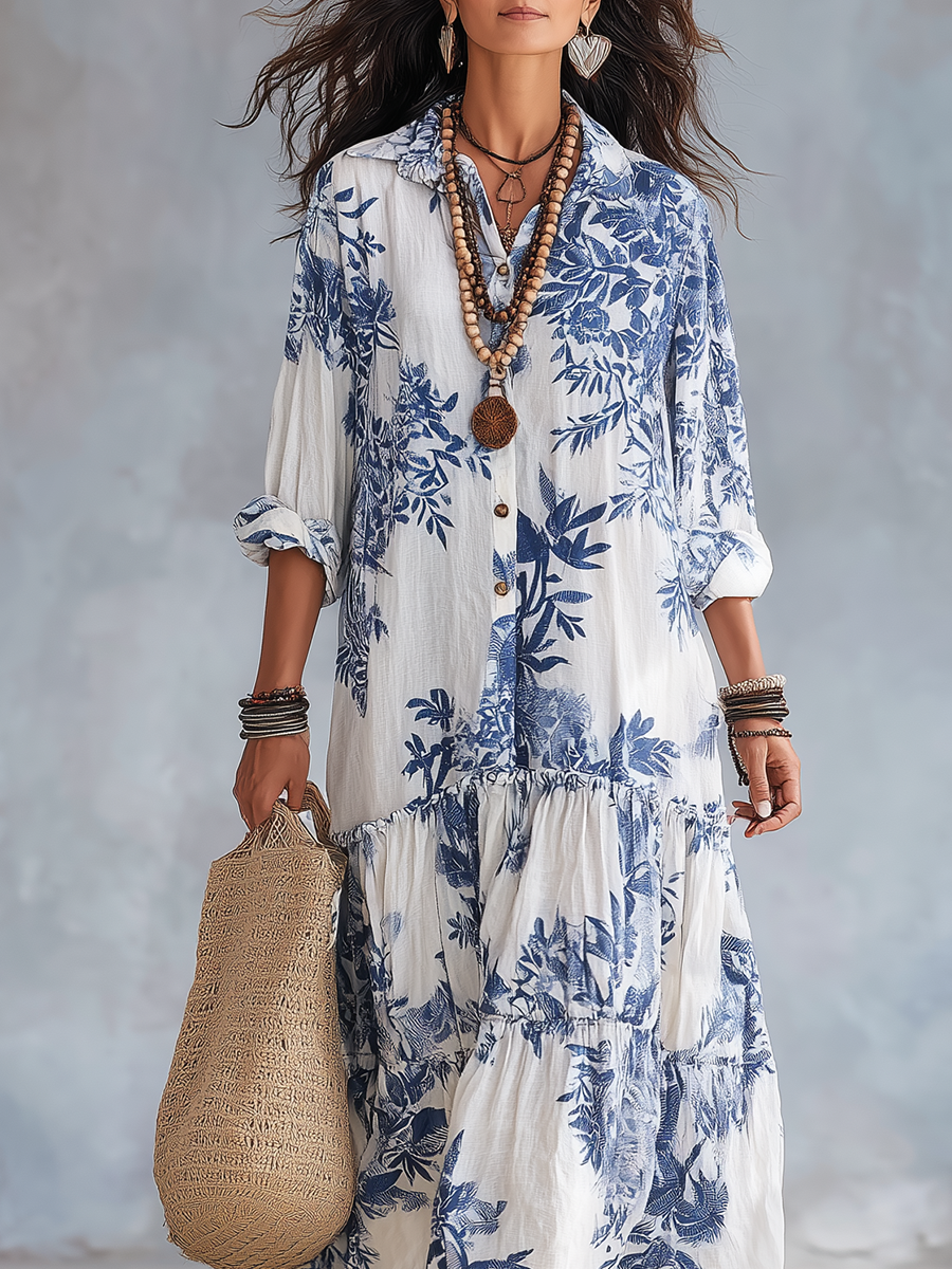 Heidi long blue floral dress in white and blue, three-quarter front view