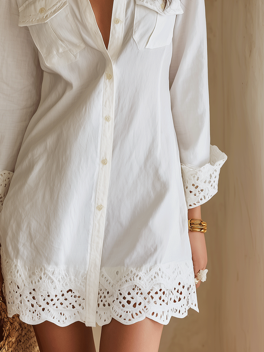 Jessica embroidered short shirt dress in white, close-up of scalloped embroidered hem