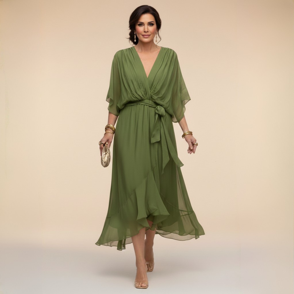 Monica | Tie-Waist Wrap V-Neck Midi Dress