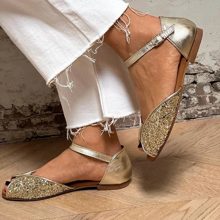 Gold Glitter Patchwork Peep-Toe Sandals with Ankle Strap and Buckle