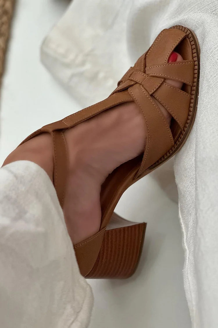 Brown Woven Cut-Out Block Heels with T-Bar Strap and Buckle