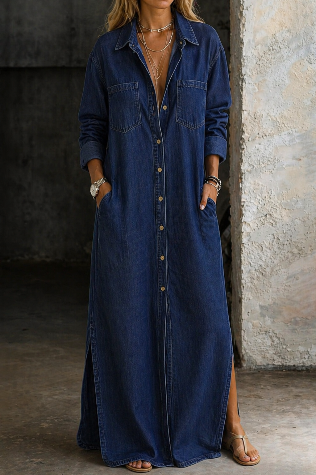 MERRYN | DENIM BUTTON-DOWN MAXI SHIRT DRESS