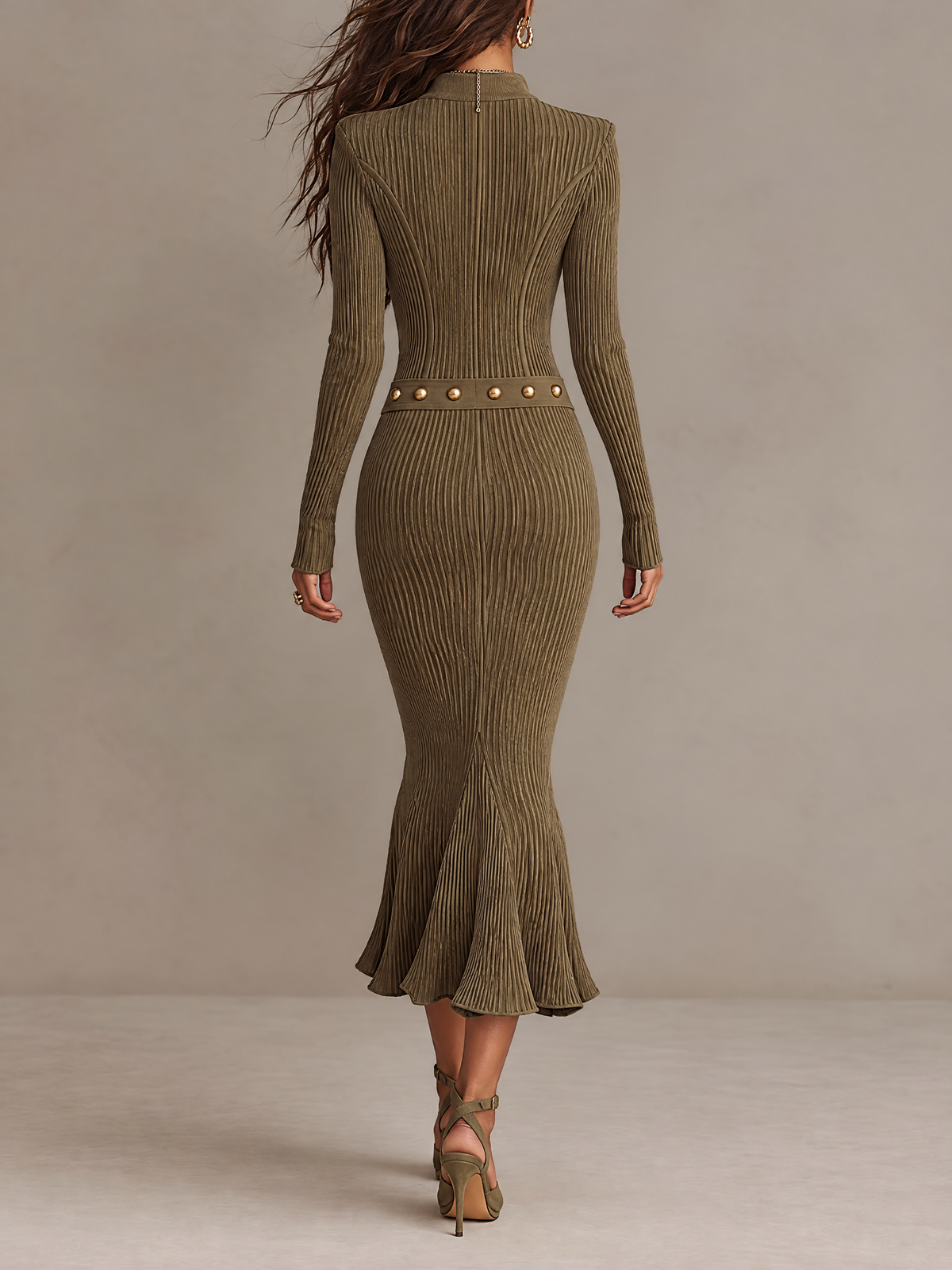 Roxana ribbed knit mermaid midi dress in olive green, back view
