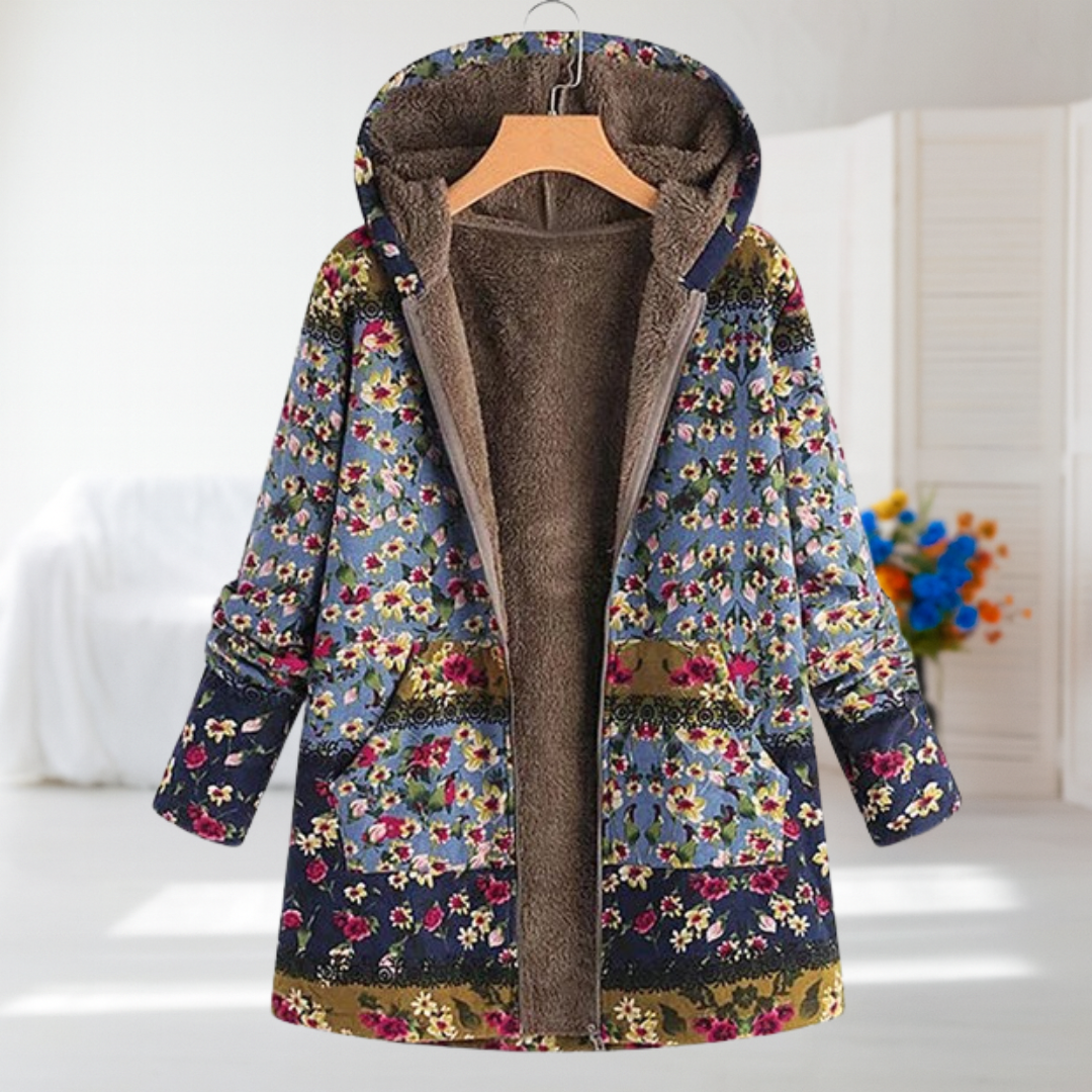 Martha hooded floral coat in blue with ditsy flower print, open front view