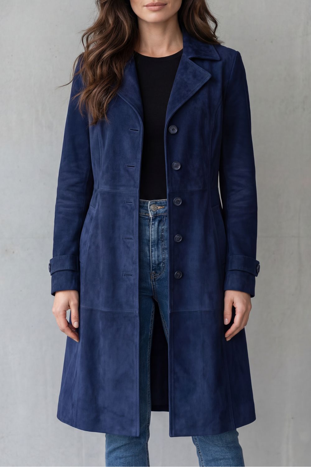 Dinah suede-look long coat in navy, front view