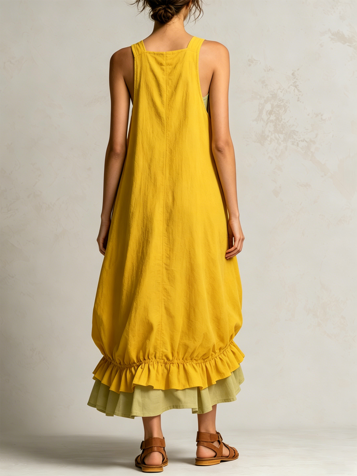 Dorothea layered balloon midi dress in yellow, full-length back view