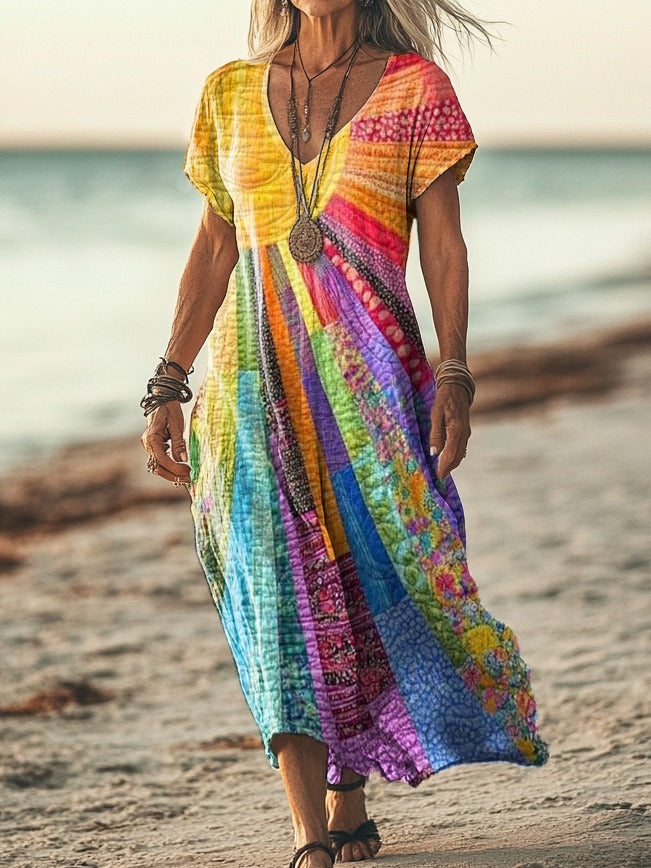Bohemian sun design dress in multicoloured patchwork print, full-length front view on the beach