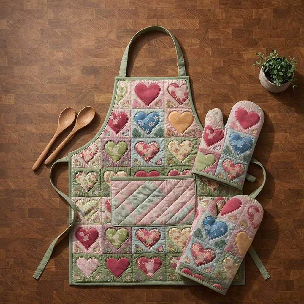 Hettie quilted apron and oven mitt set with soft pink and green patchwork hearts