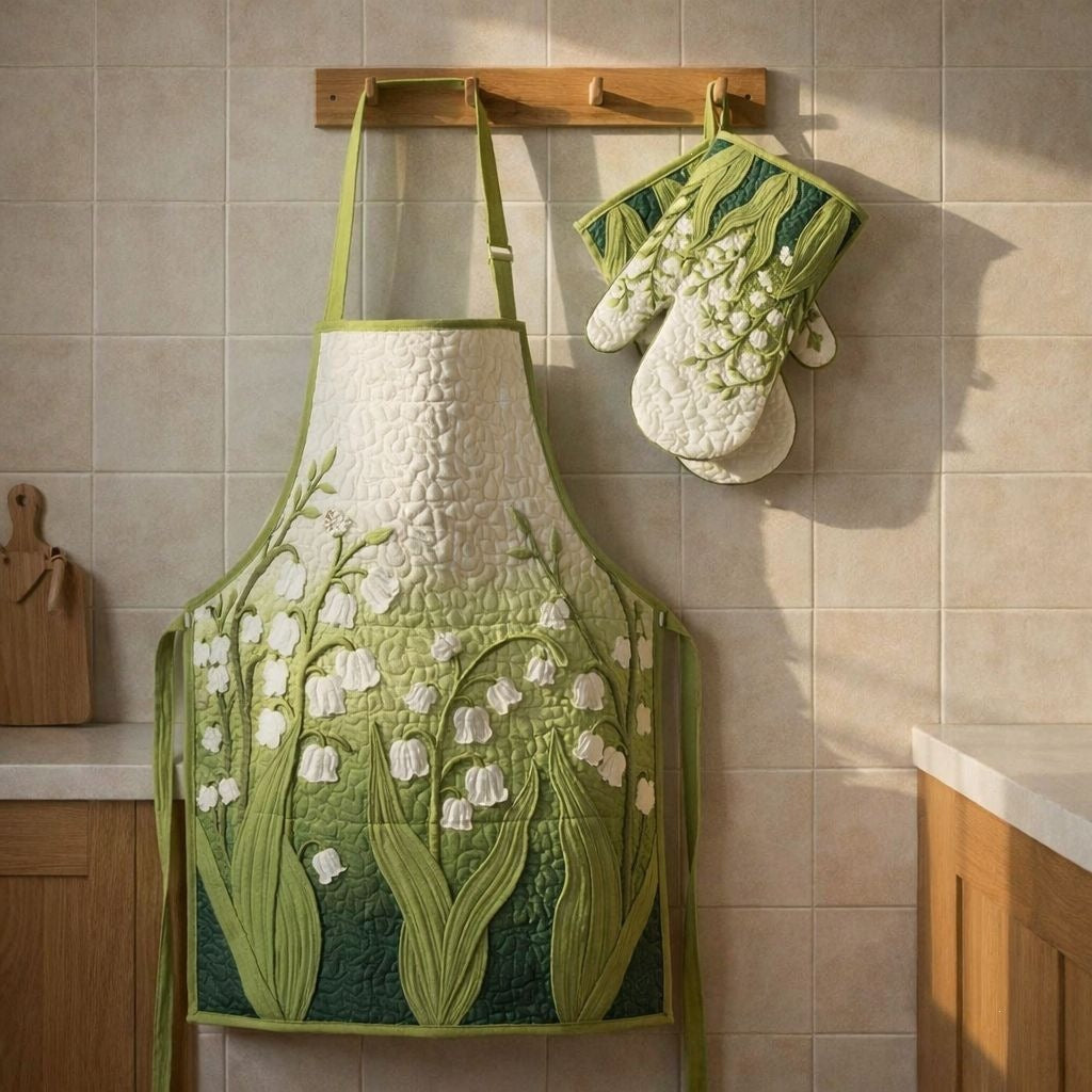 Muriel quilted apron and oven mitt set with delicate white lily of the valley blooms on soft green