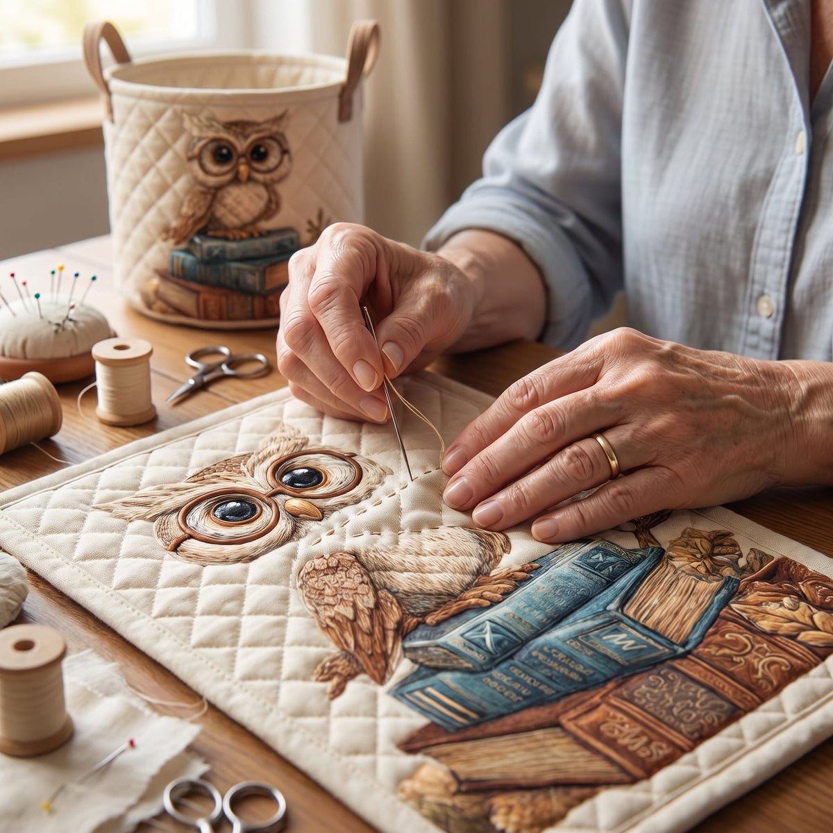 Mafalda hand-quilted laundry basket with a wise owl perched on a stack of books, hand-sewing detail
