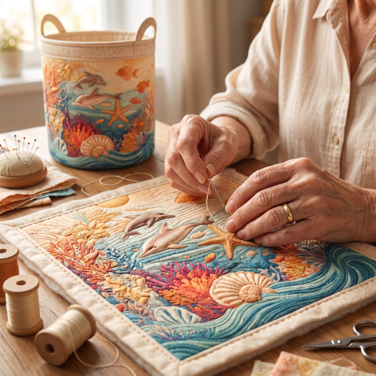 Lisetta hand-quilted laundry basket with dolphins, starfish and coral in a sea scene, hand-sewing detail