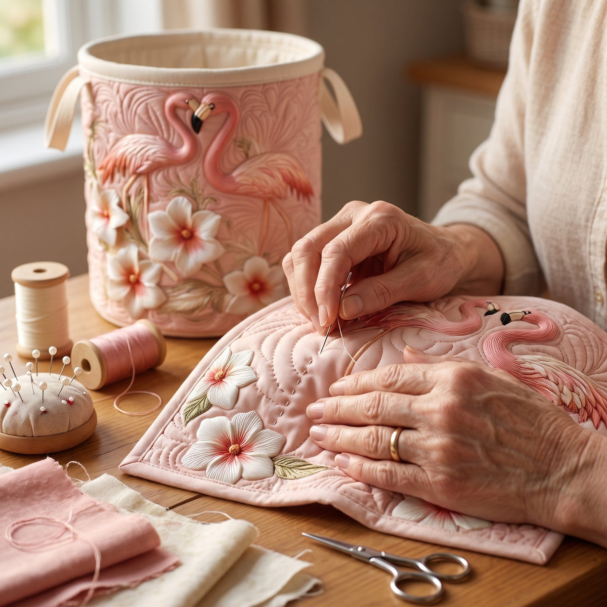 Loretta hand-quilted laundry basket with pink flamingos and white tropical flowers, hand-sewing detail