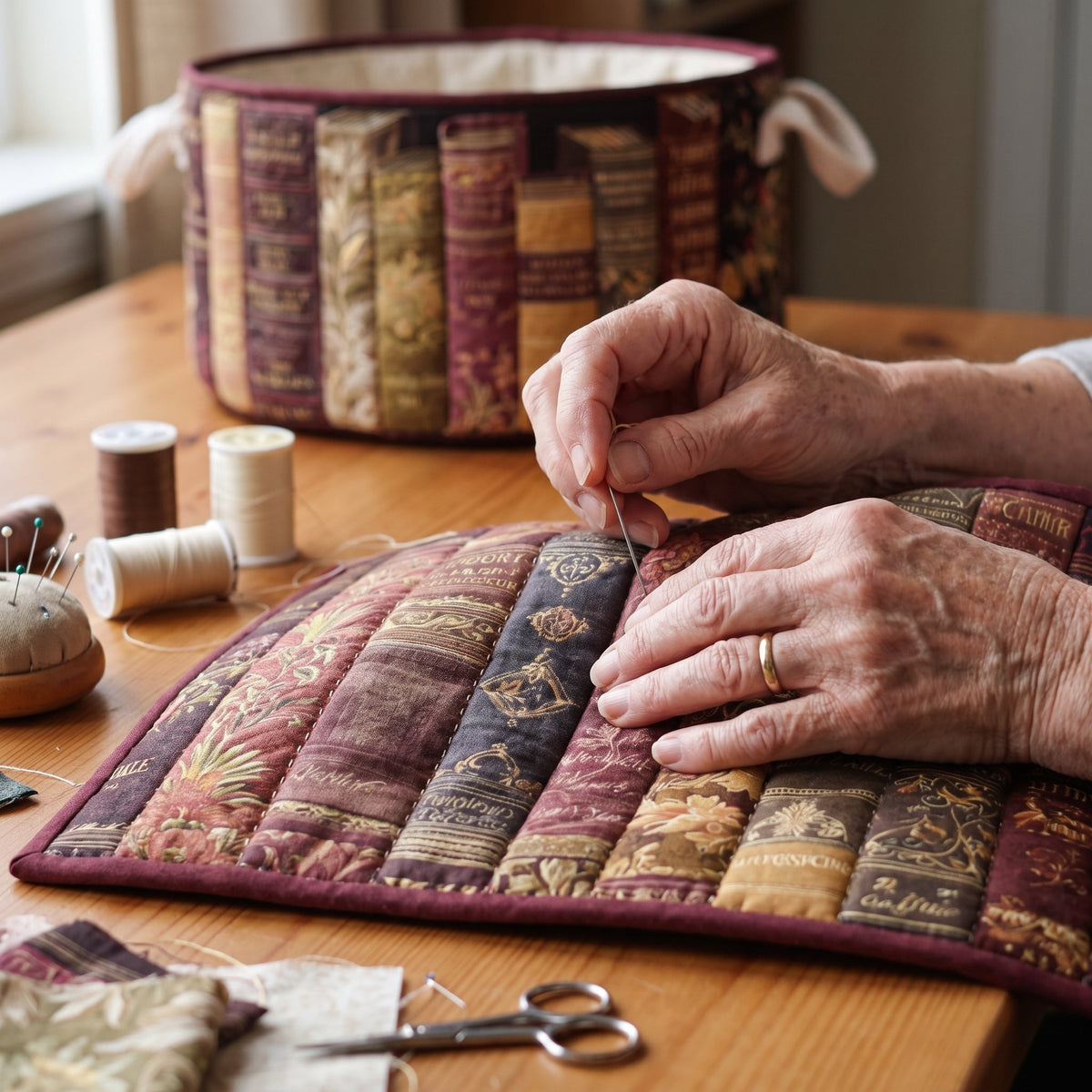 Milena hand-quilted laundry basket with rows of vintage book spines, close-up of the hand quilting