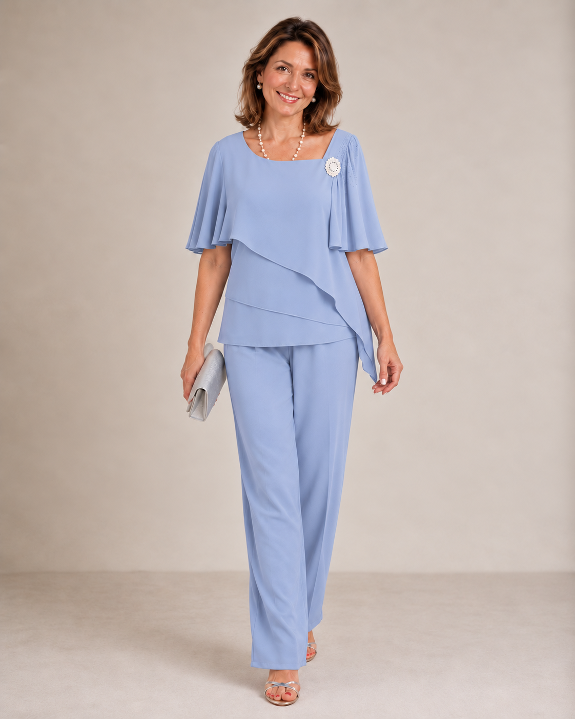 Becky layered top and trouser set in light blue, full-length front view