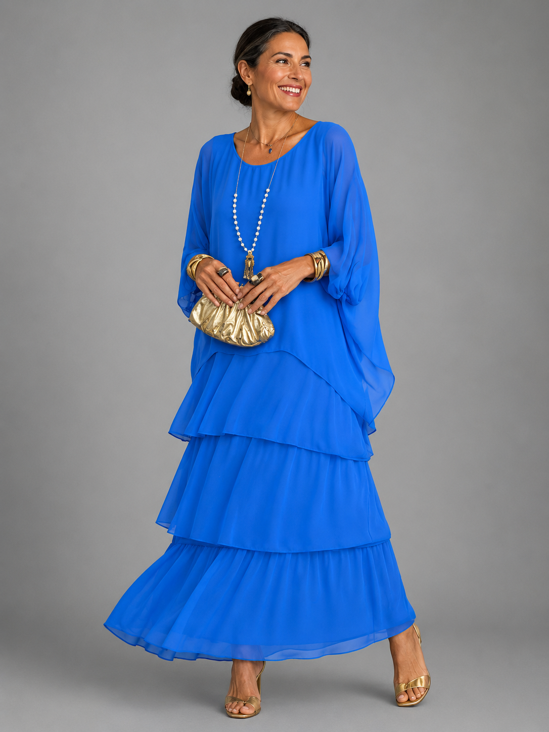 Lara tiered maxi dress in blue, full-length front view