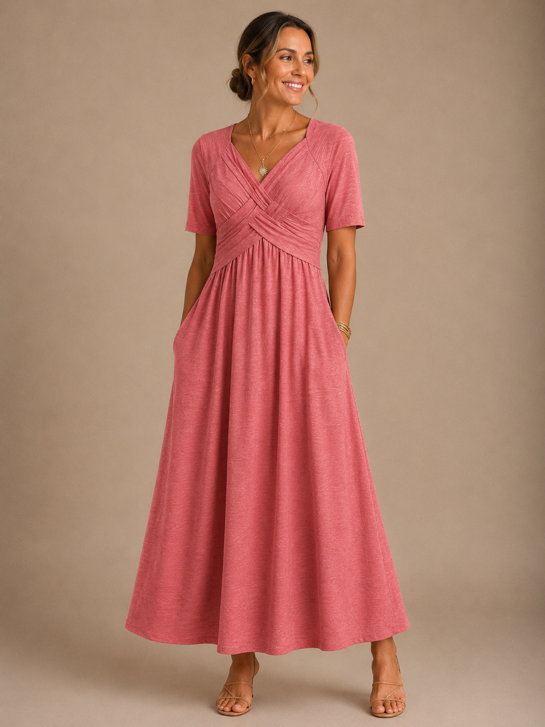 Angela crossover V-neck dress in pink, full-length front view