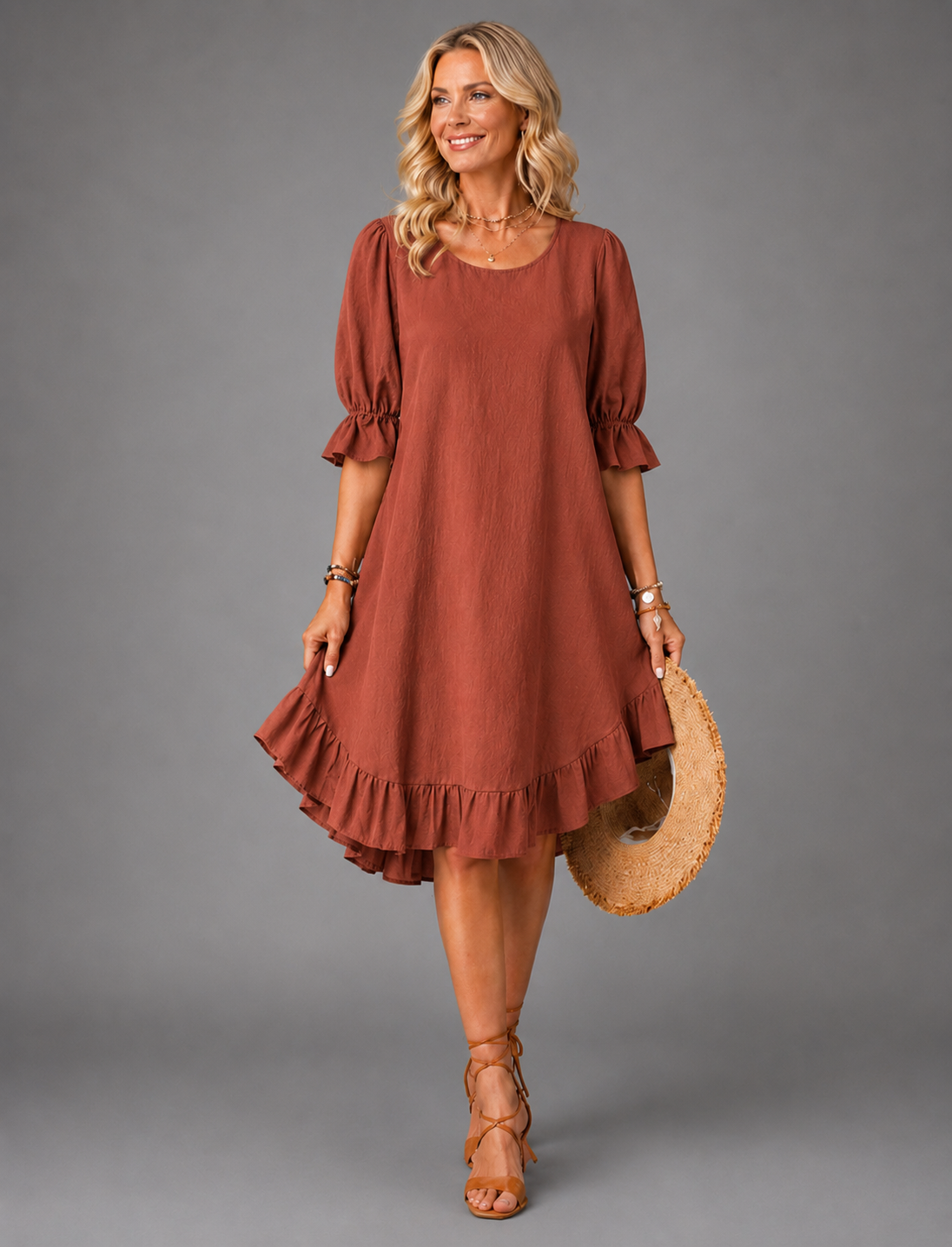 Gwen ruffle-hem swing dress in rust brown, full-length front view