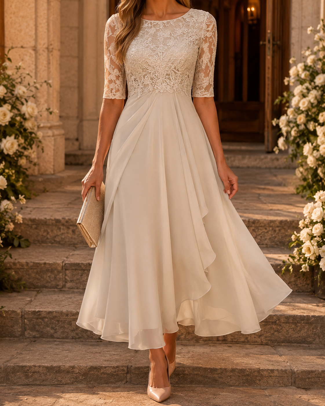 Rose lace and chiffon midi dress, view 7