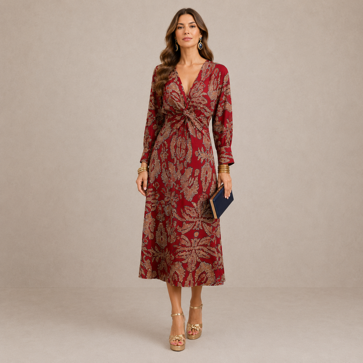 LIORA™ | V-Neck Tie-Waist Midi Dress
