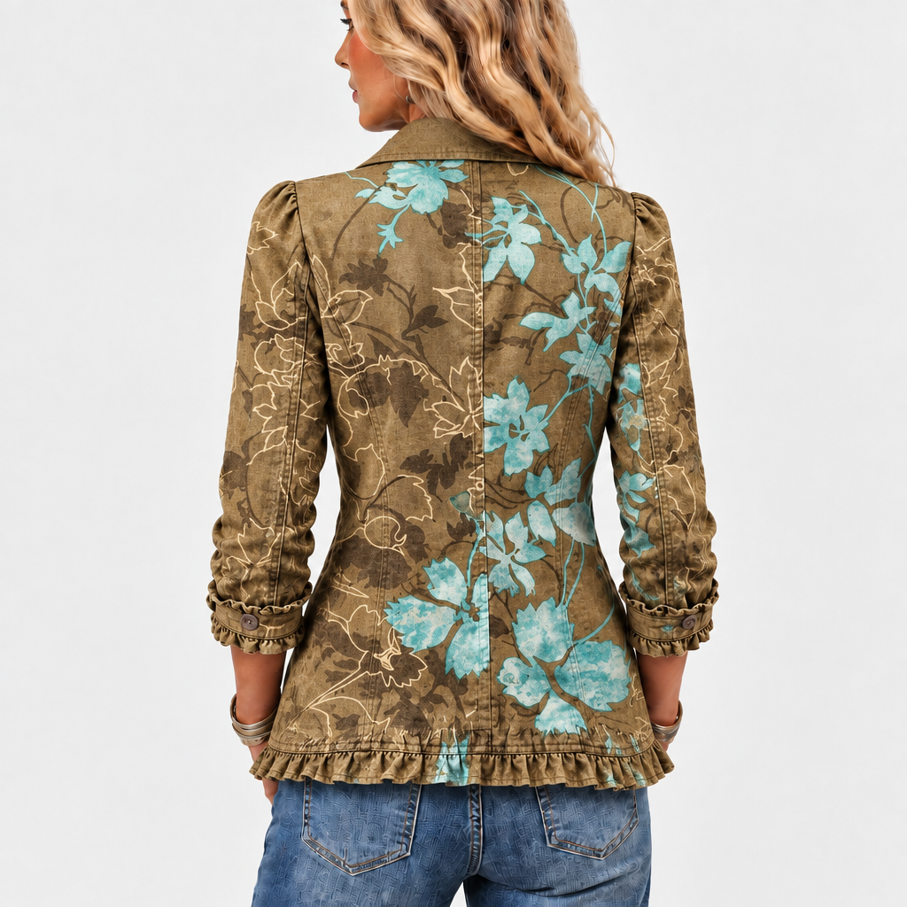 Jowanet floral print ruffle jacket in olive and turquoise floral, back view