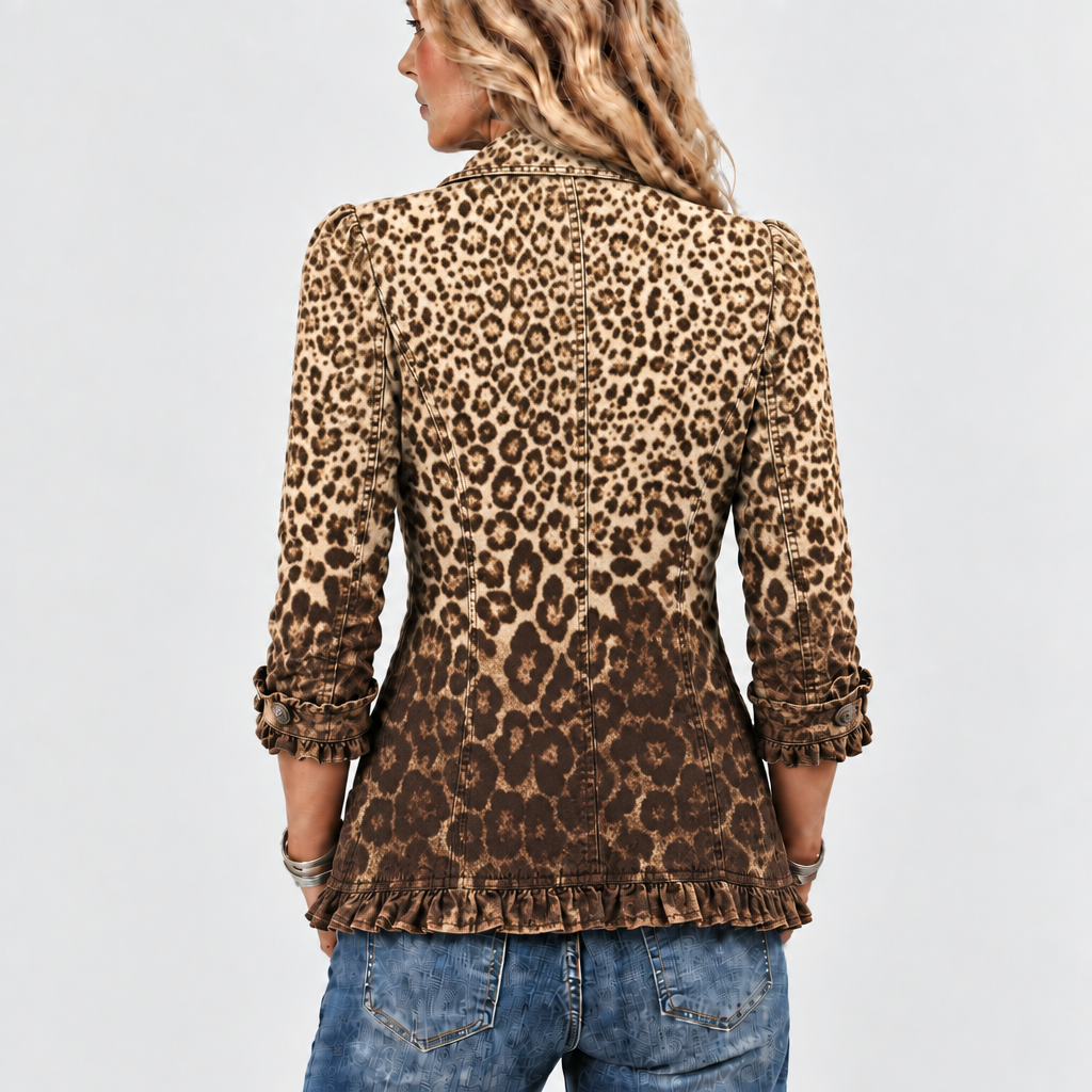 Ursuline ombre leopard ruffle-trim jacket in brown leopard, back view