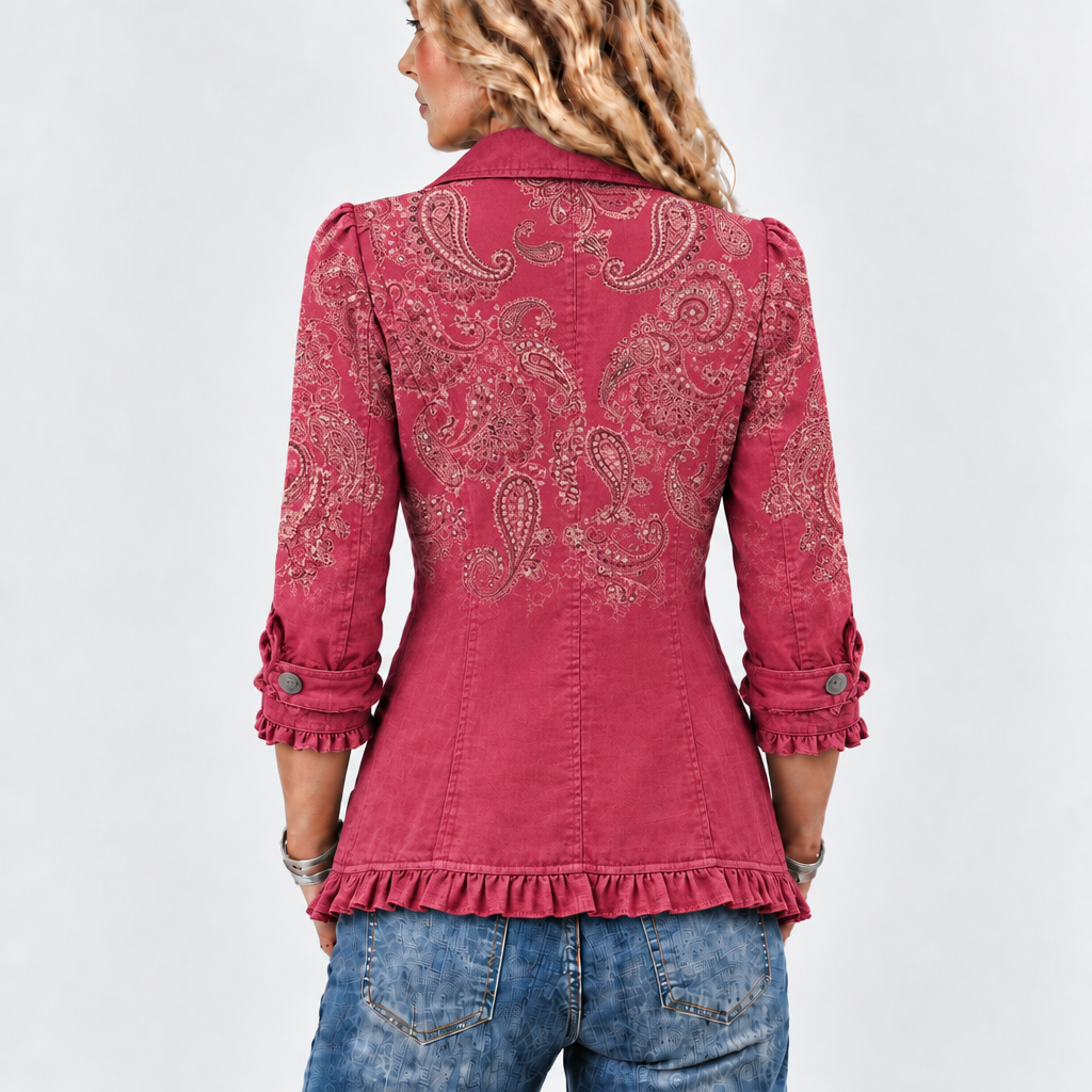 Melisent paisley ruffle-trim jacket in raspberry pink, back view