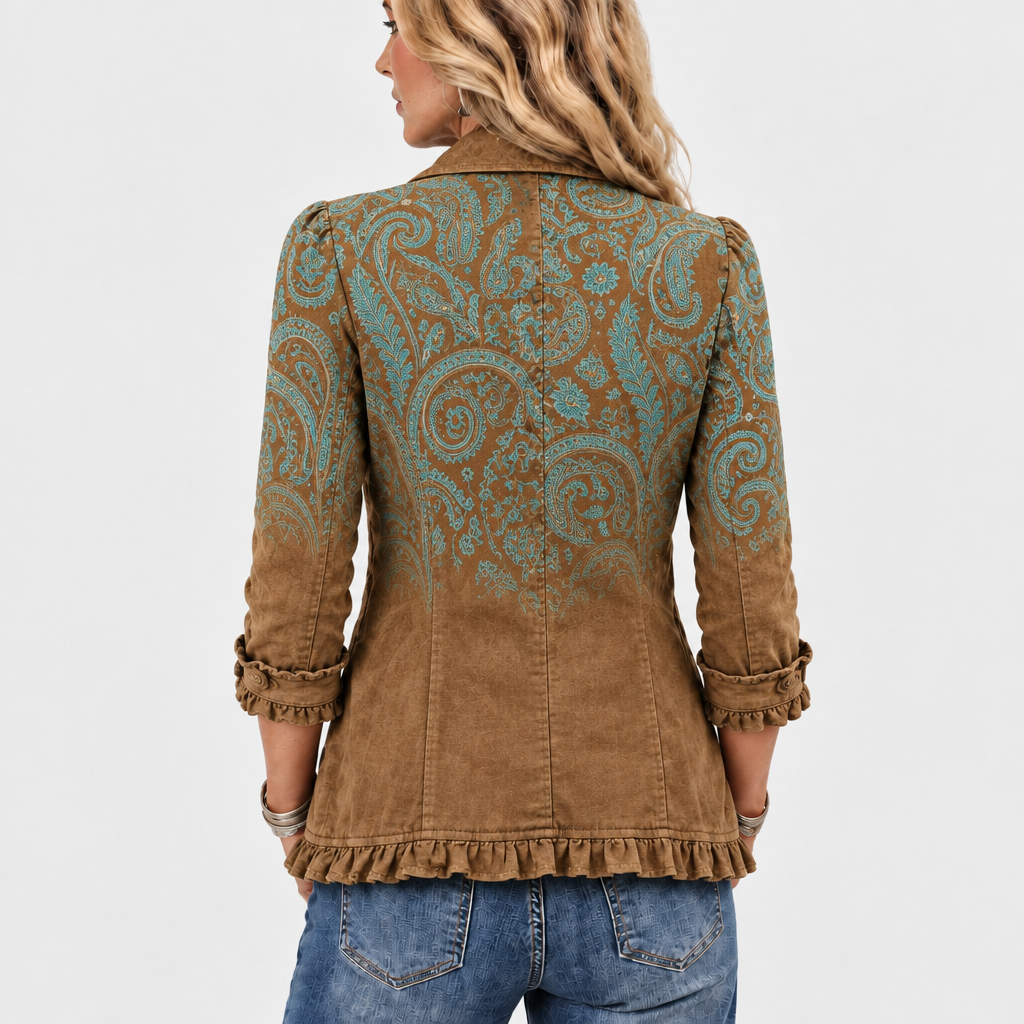 Dulcibella ombre paisley ruffle-trim jacket in brown and turquoise, back view