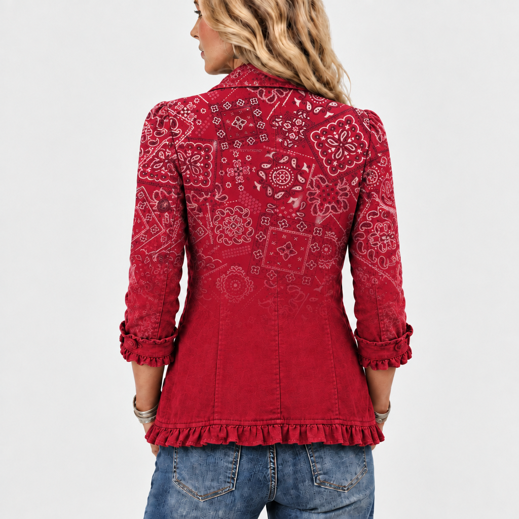 Eglantine ombre bandana print ruffle-trim jacket in red, back view