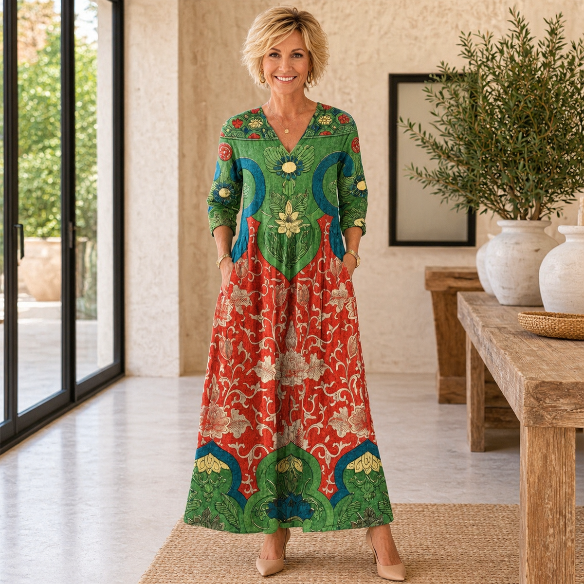 Juliska tapestry print maxi dress in green and red, front view