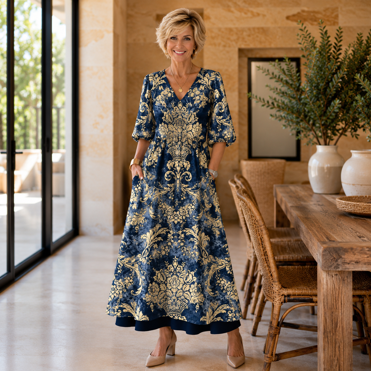 Gwladys damask print maxi dress in navy and gold, front view