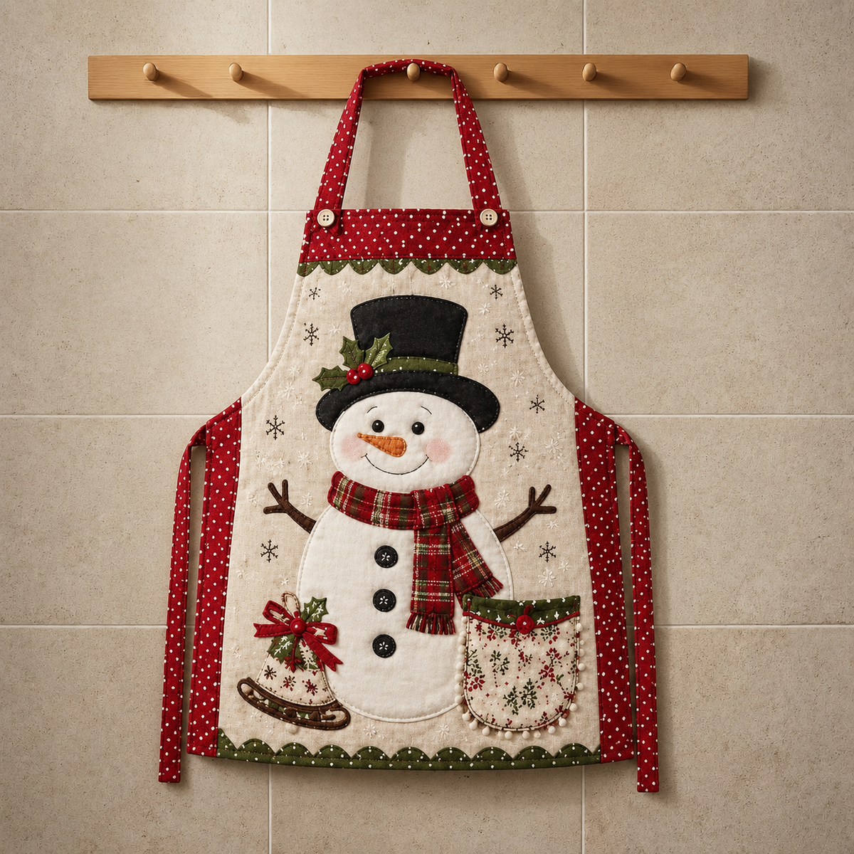 Queenie quilted apron and oven mitt set with a cheerful snowman in a top hat and tartan scarf with red polka-dot trim