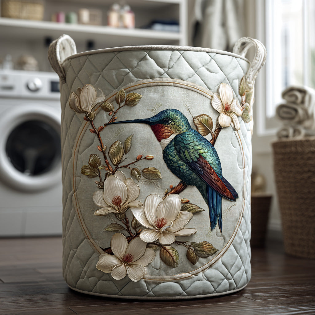 Bruna hand-quilted laundry basket with a hummingbird on white magnolia branches, front view
