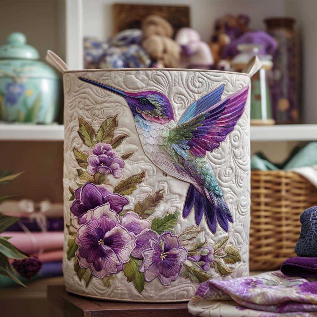 Brigida hand-quilted laundry basket with a hummingbird over purple violets, front view