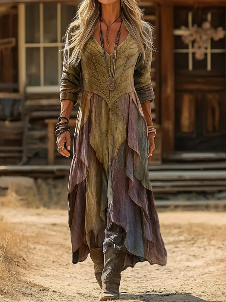 Elsabet layered maxi dress in olive, plum and dusty blue, outdoor walking view