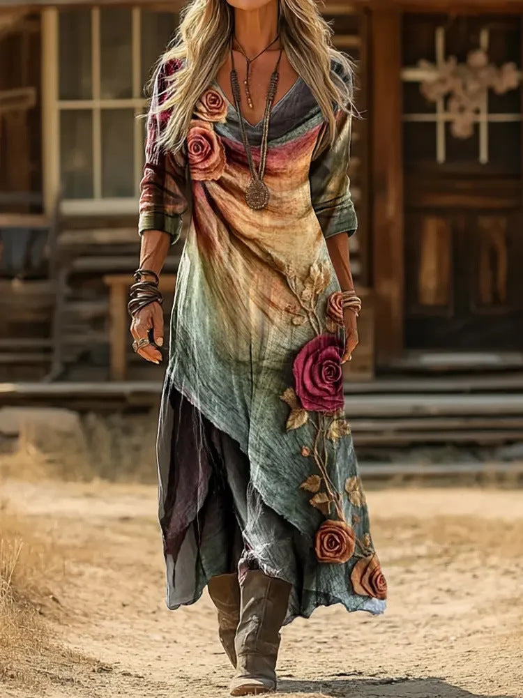 Heatherly layered rose maxi dress in plum and sage, walking view