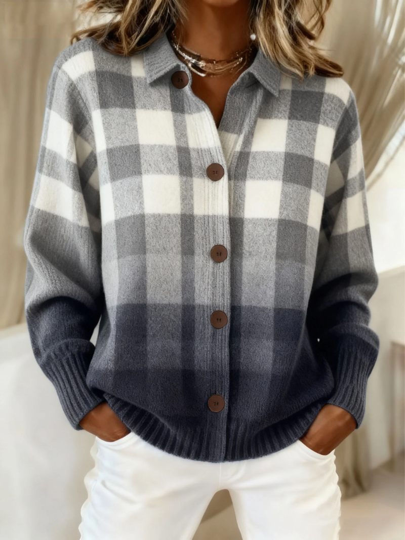 Elfreda ombre check cardigan in grey, front view