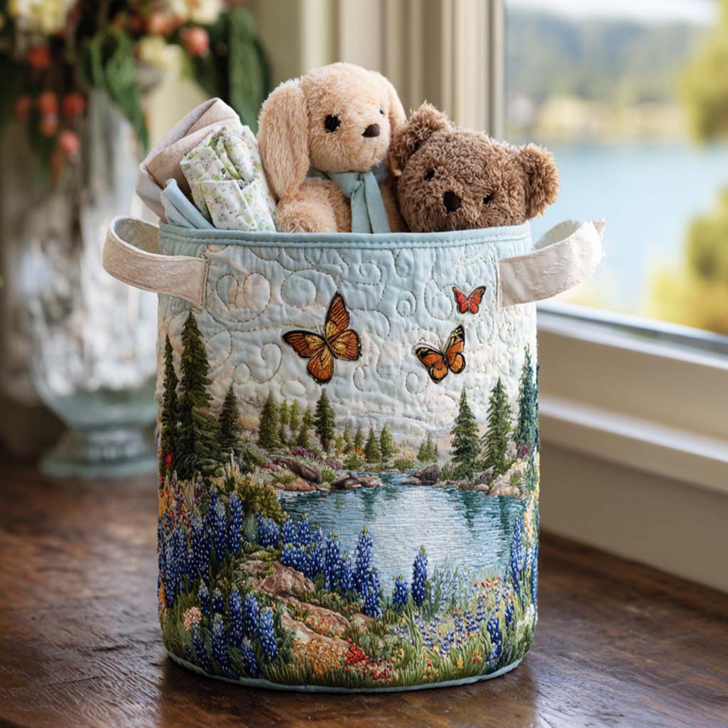 Virginia hand-quilted laundry basket with lupins by a lake with butterflies, Lakeside Lupins design