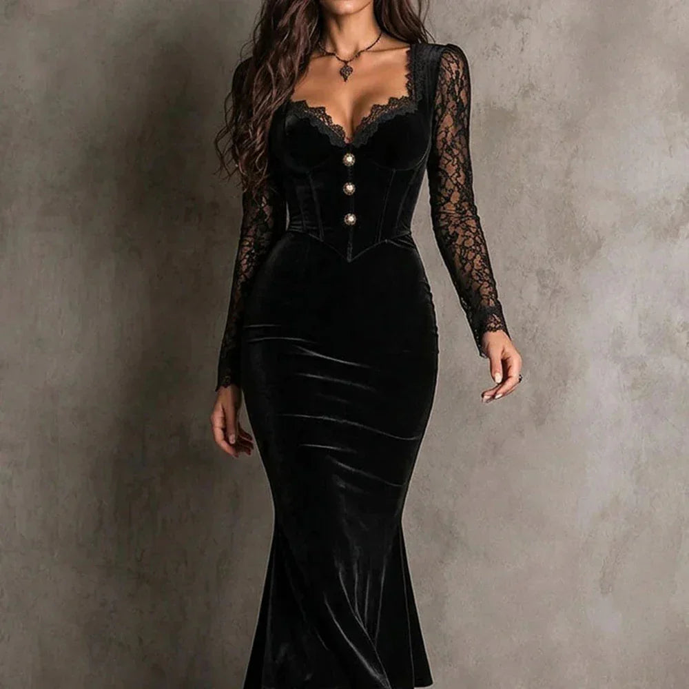 Morenwyn velvet midi dress in black, three-quarter view