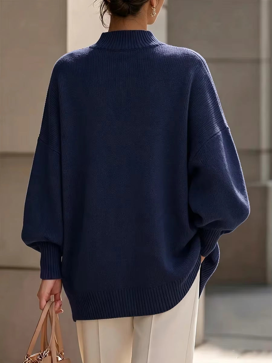 Rhosyn asymmetric button jumper in Navy, back view