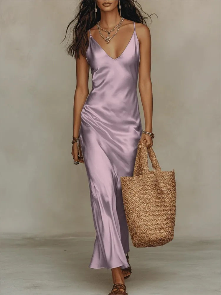 Steren satin slip maxi dress in Purple, front view
