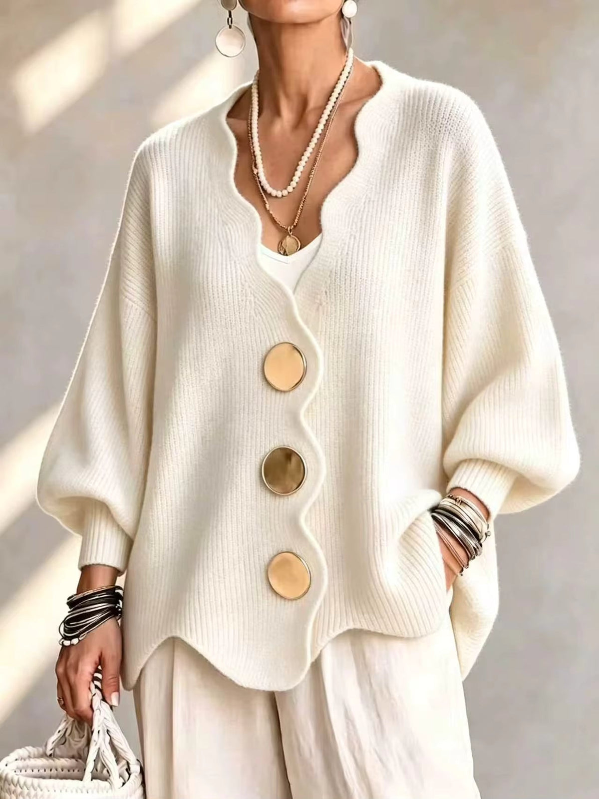 Heddwen scalloped button cardigan in Off-White, front view