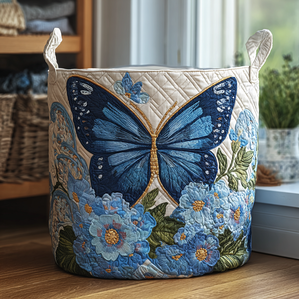Assunta hand-quilted laundry basket with a blue butterfly over blue flowers, front view