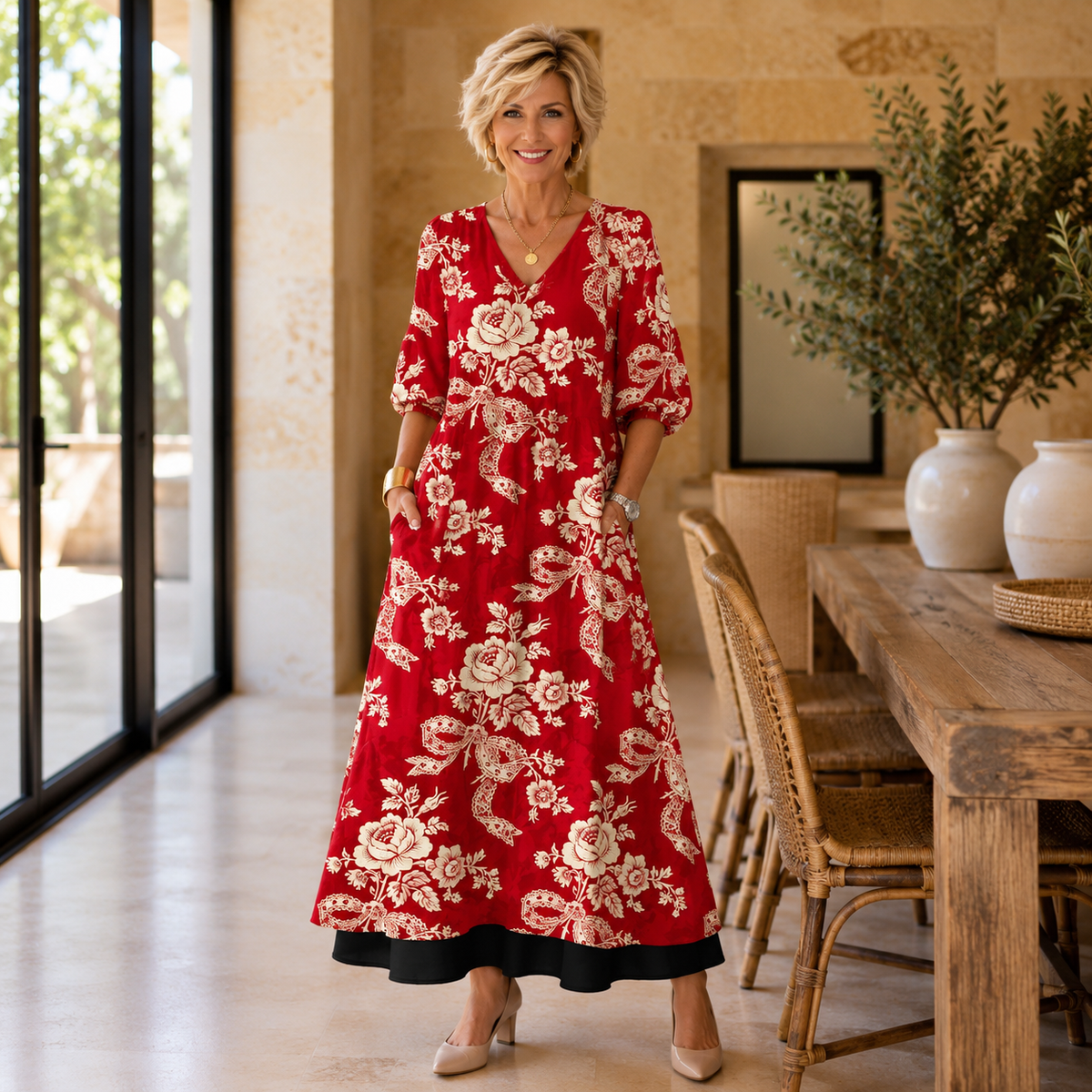 Cleodie rose print maxi dress in red and cream, front view