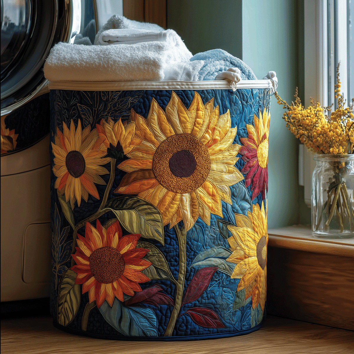 Donatella hand-quilted laundry basket with golden sunflowers on a deep blue background, front view