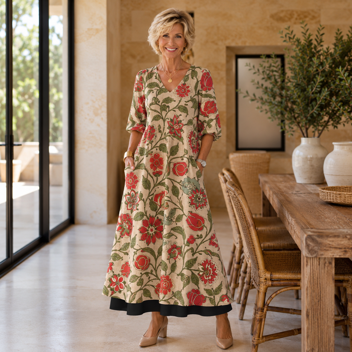 Ambrosia floral maxi dress in beige and red, front view